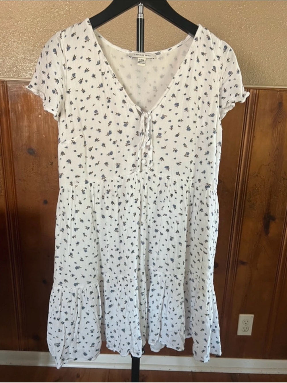 American Eagle White Blue Floral Tie Front Tiered Mini Dress Size Small